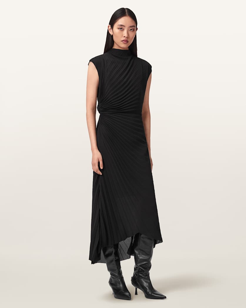 Rayanna Pleated Midi Dress Black | ALLSAINTS Canada